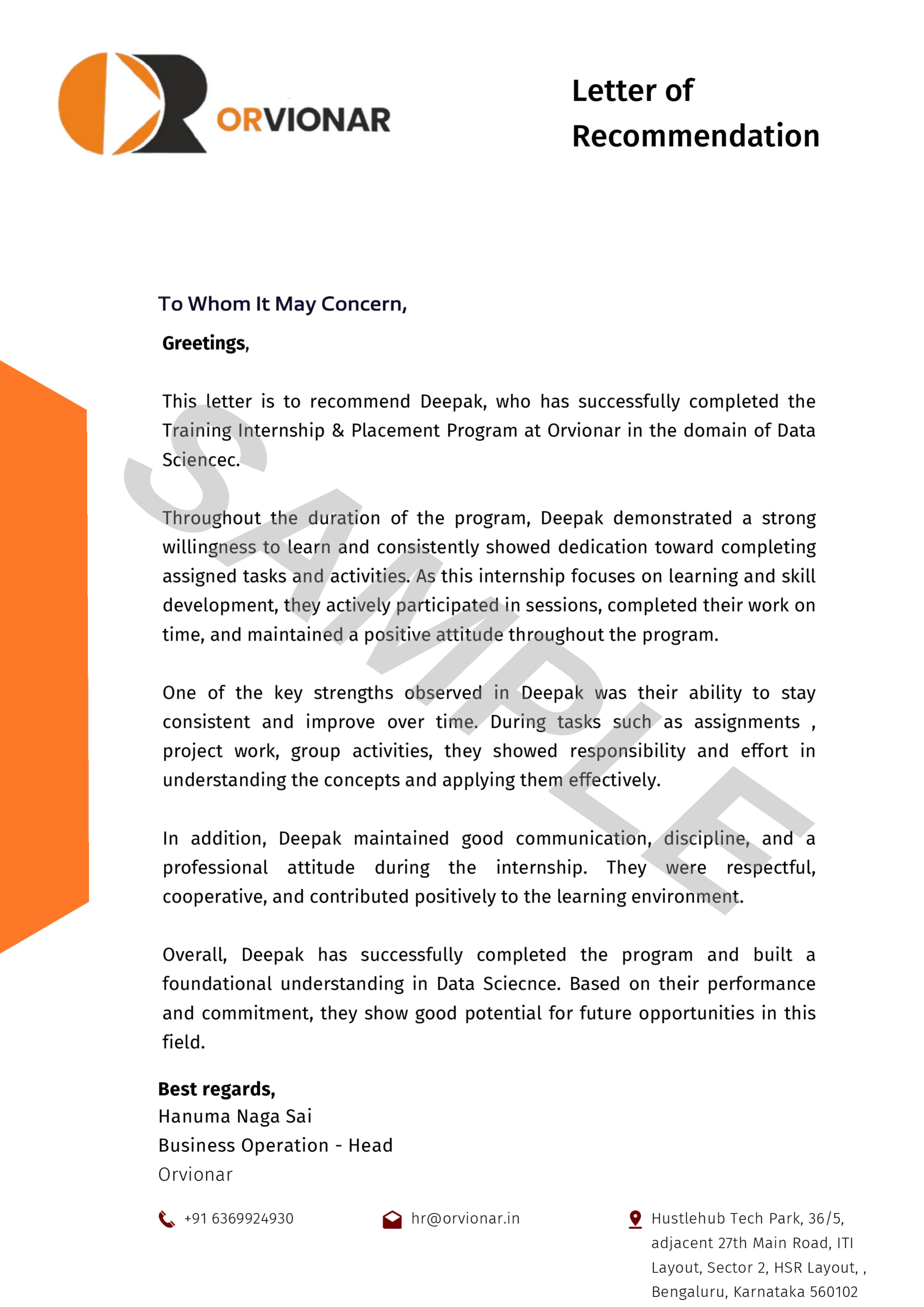 Letter of Recommendation sample document, watermarked SAMPLE