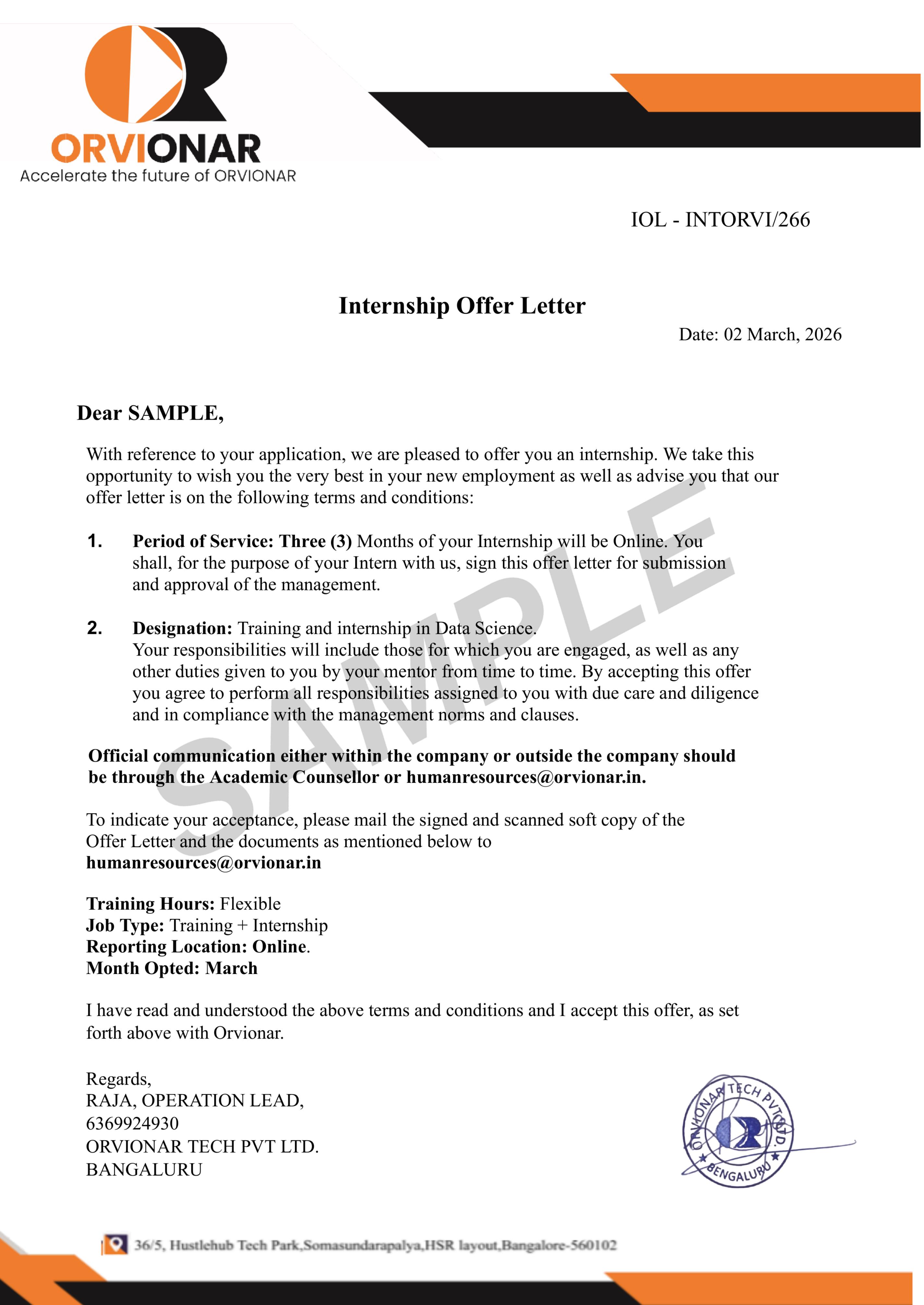 Internship Completion Certificate sample document, watermarked SAMPLE