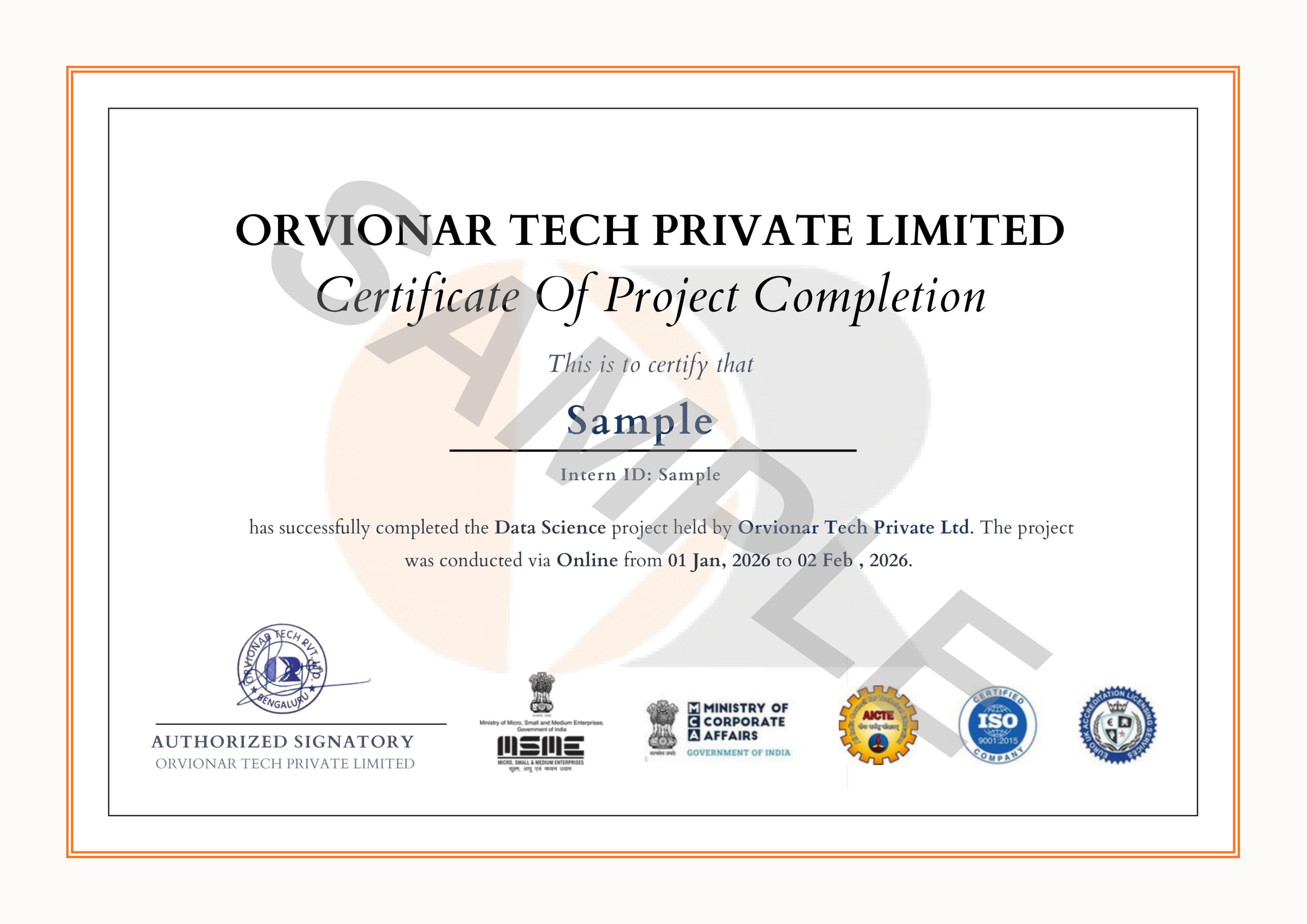 Project Completion Certificate sample document, watermarked SAMPLE