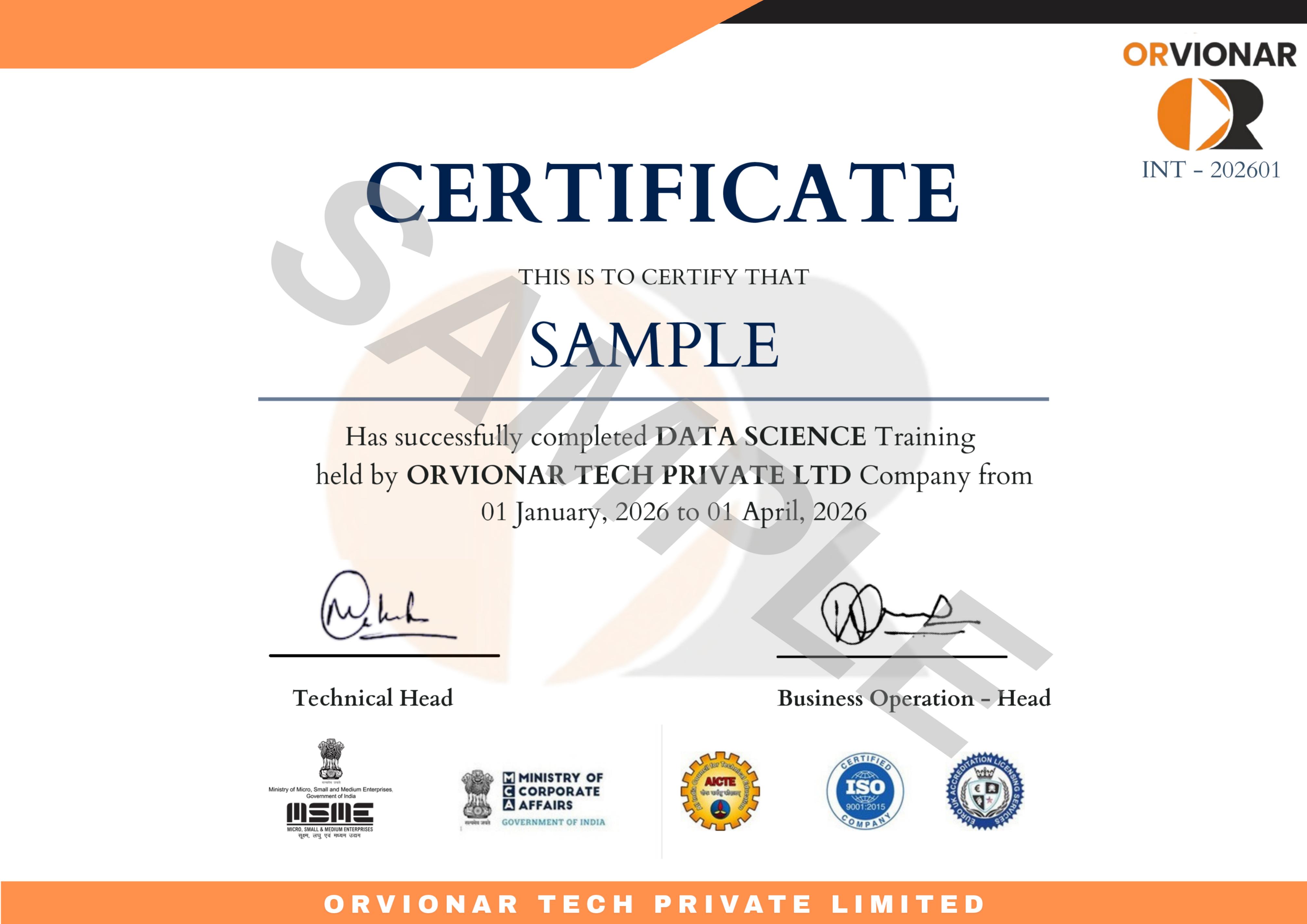 Course Completion Certificate sample document, watermarked SAMPLE